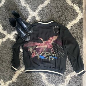 Unique Embroidered Crane Bomber Jacket 🦢🌸